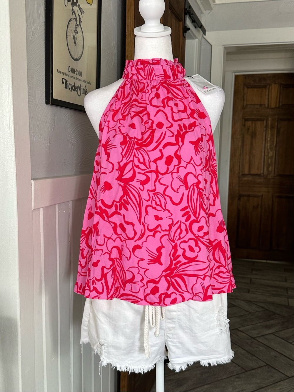 Sugarlips Pink and Red Halter Top Malia Floral Malpais Shirred Trapeze - Picture 3 of 10